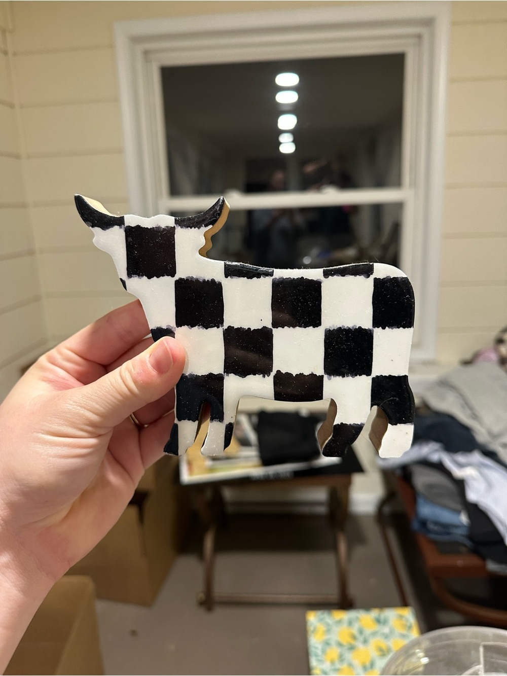 Black and White Checkered Cow Figurine Decor
